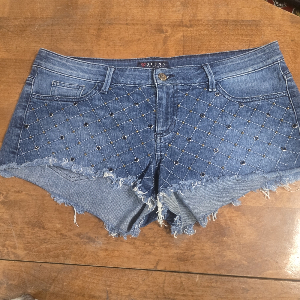 Guess Women's Distressed Blue Jean Shorts With Rhinestones